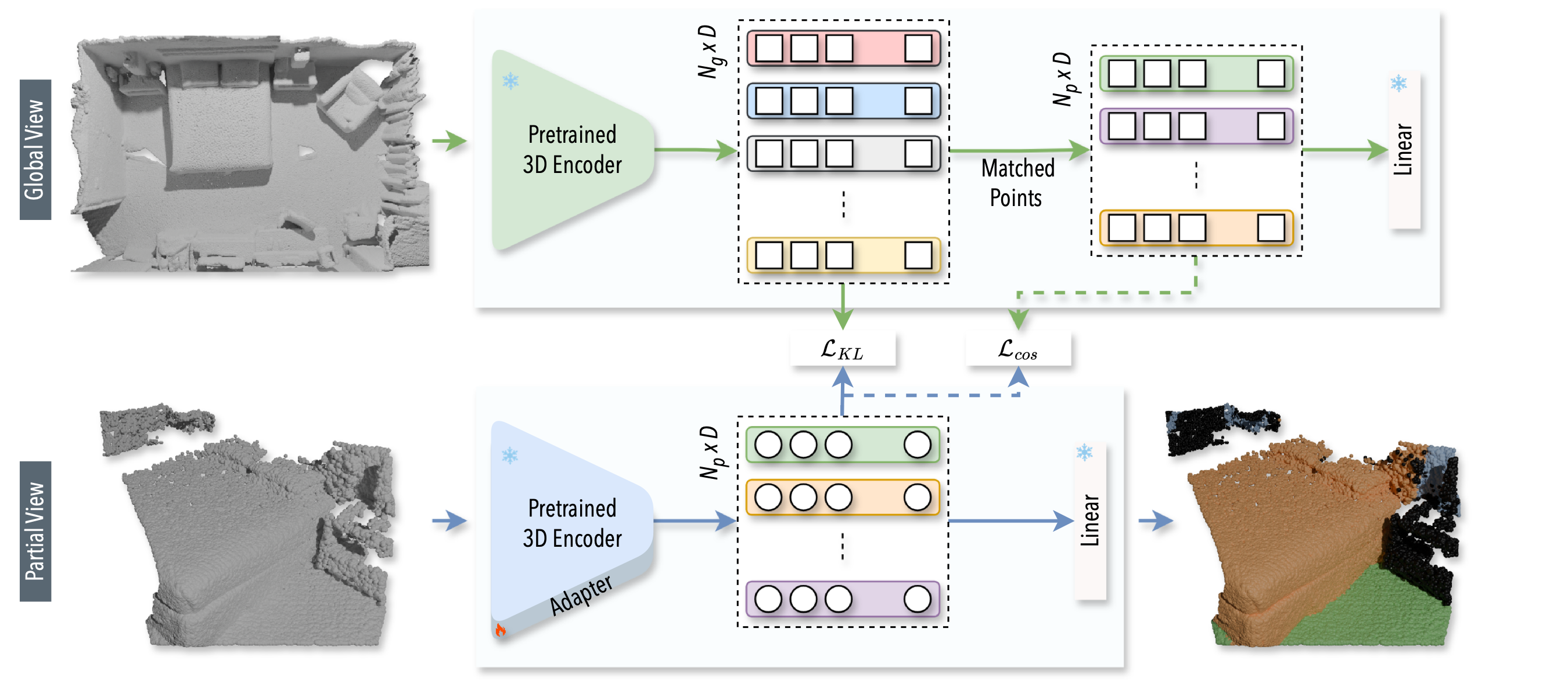 PAGER architecture: a frozen Sonata encoder on the global view and an adapted Sonata encoder on the partial view, aligned with KL and cosine losses on matched points